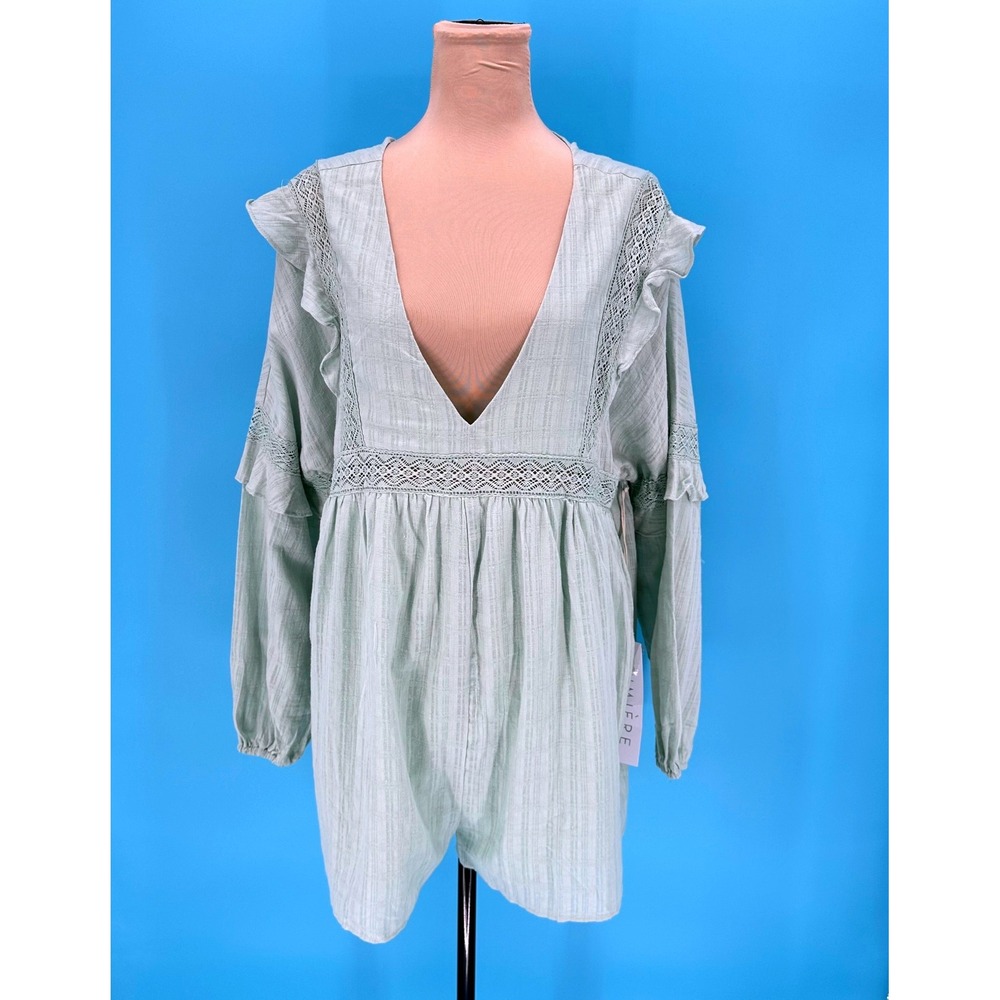 Lumiere Sage Green Crochet Lace Ruffle Long Sleeve Romper NP41036 Womens Medium